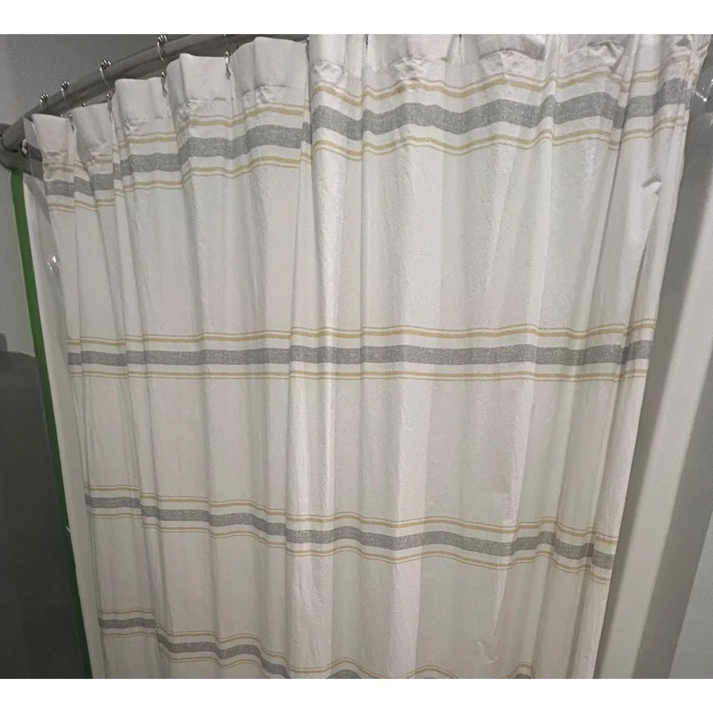 Cotton shower curtain mustard gold & grey beautiful EUC 72” w/ new hanging rings